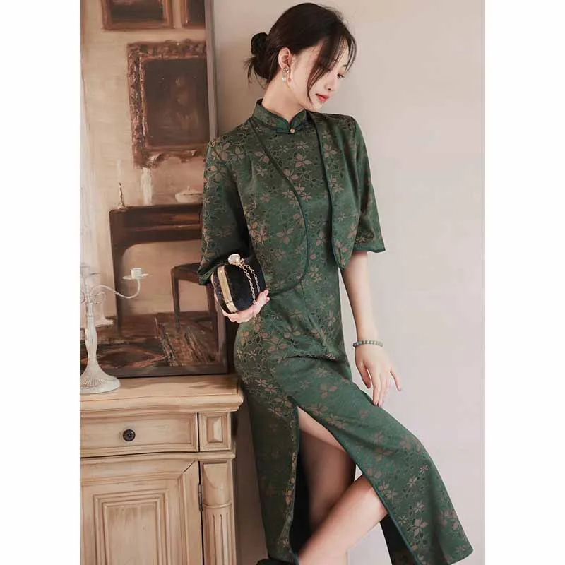 Sexy Slim Fit Long Qipao Autumn Cheongsam Set Shawl Two Piece Fashion Printing Elegant Temperament Chinese Traditional Dress