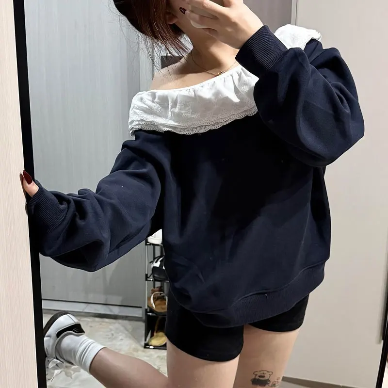 

Female Clothing Solid Color Sweatshirts American Skew Collar Autumn New Lace Patchwork Stylish Off Shoulder Casual Loose Hoodies