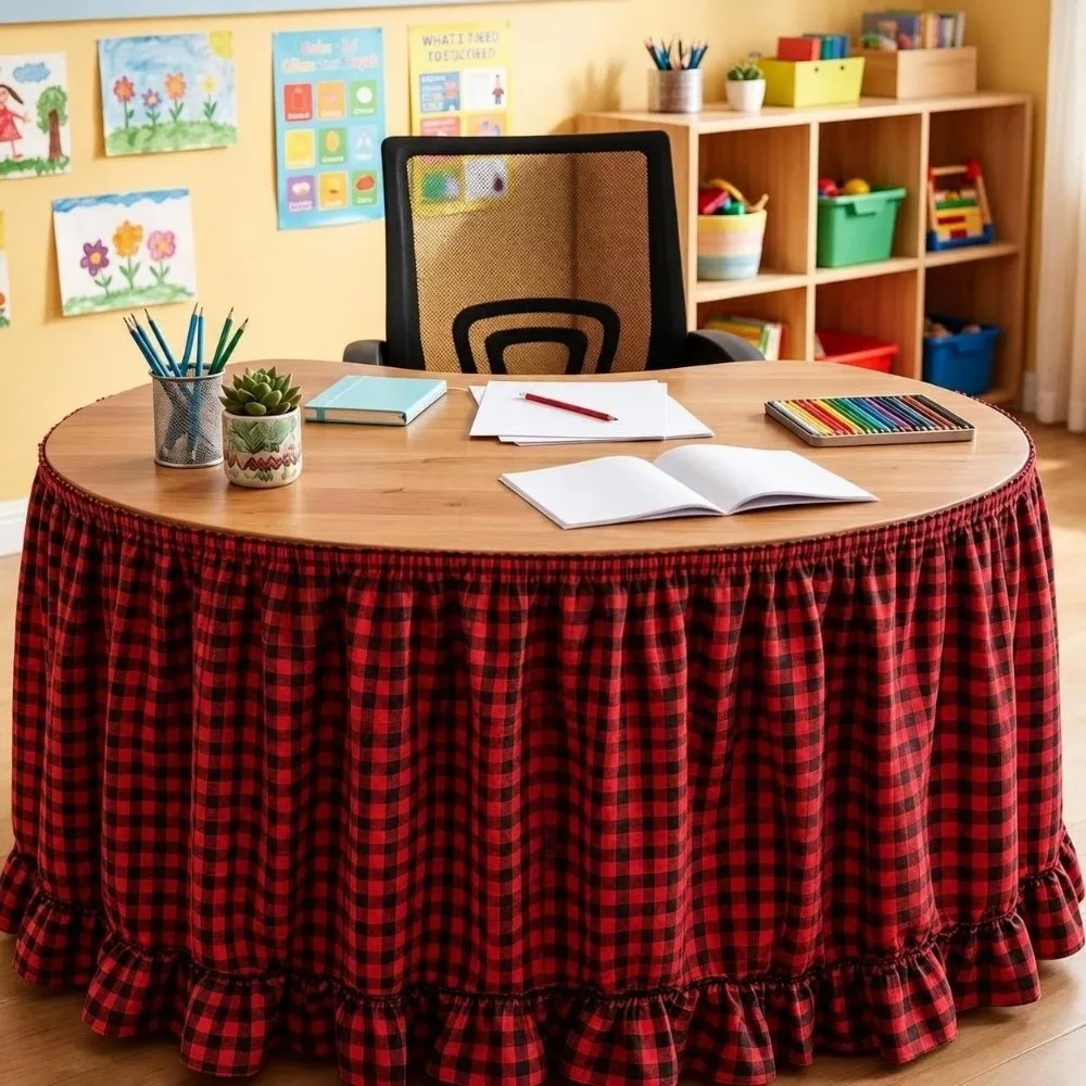 Rural Ruffled Edge Gingham Table Skirt 72in One-Piece Teacher Desk Skirt Washable Hook and Loop Plaid Ruffled Table Skirt Hotel