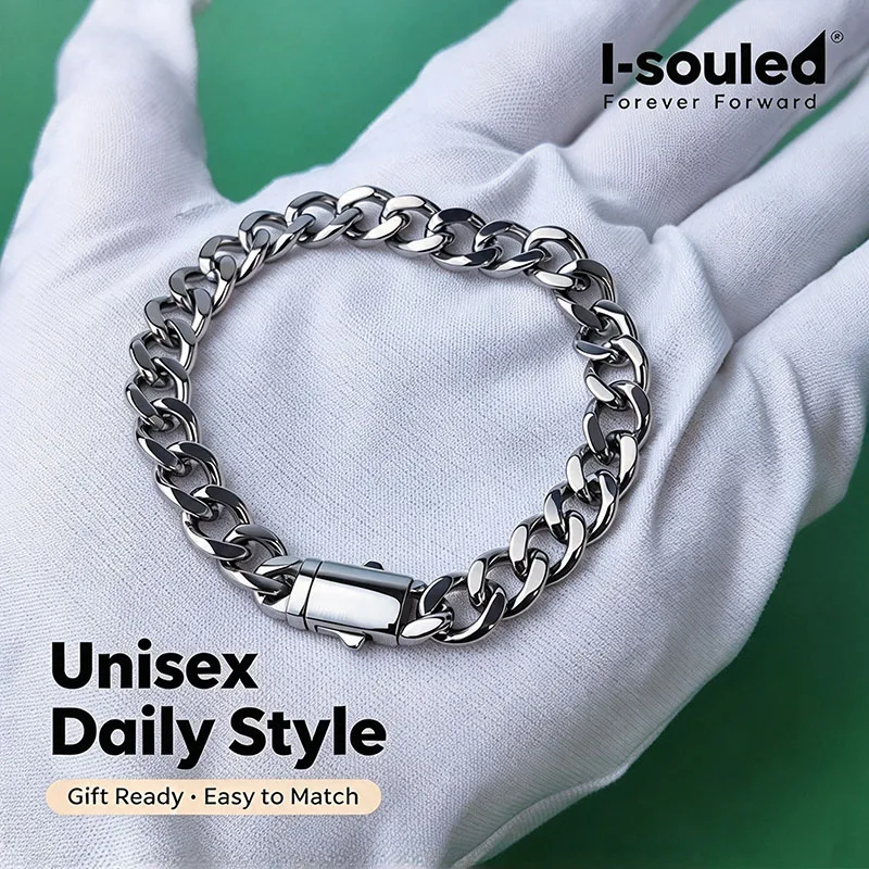 Pure Titanium 8mm Chain Bracelet, Nickel Free Hypoallergenic for Sensitive Skin, Double-Sided Polished, 17/19/21cm, 9/10/11g