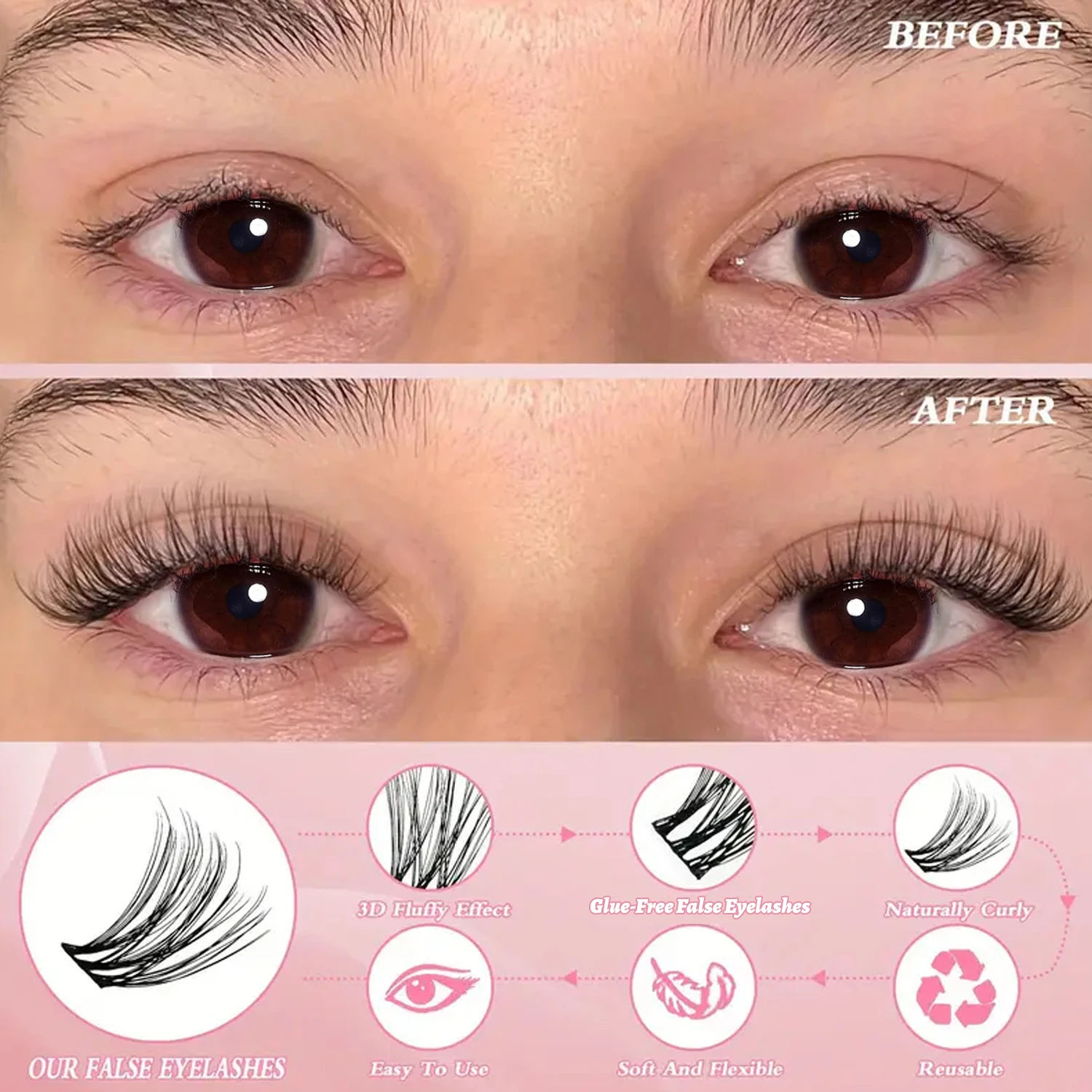 Selbstklebende Wimpern, 120 Stück selbstklebende Wimpernbüschel, 8-16 mm gemischte natürliche D-Curl, wiederverwendbare falsche Wimpern, ultradünn und leicht, einfach für Anfänger zu verwenden. – Detail 2