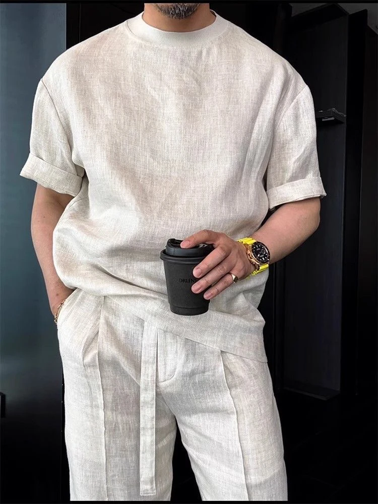 

Lightweight Linen ort Sve round Ne Two-Piece Set for Men Summer Casual Comfortable Breathable T-irt And Pants Ensemble