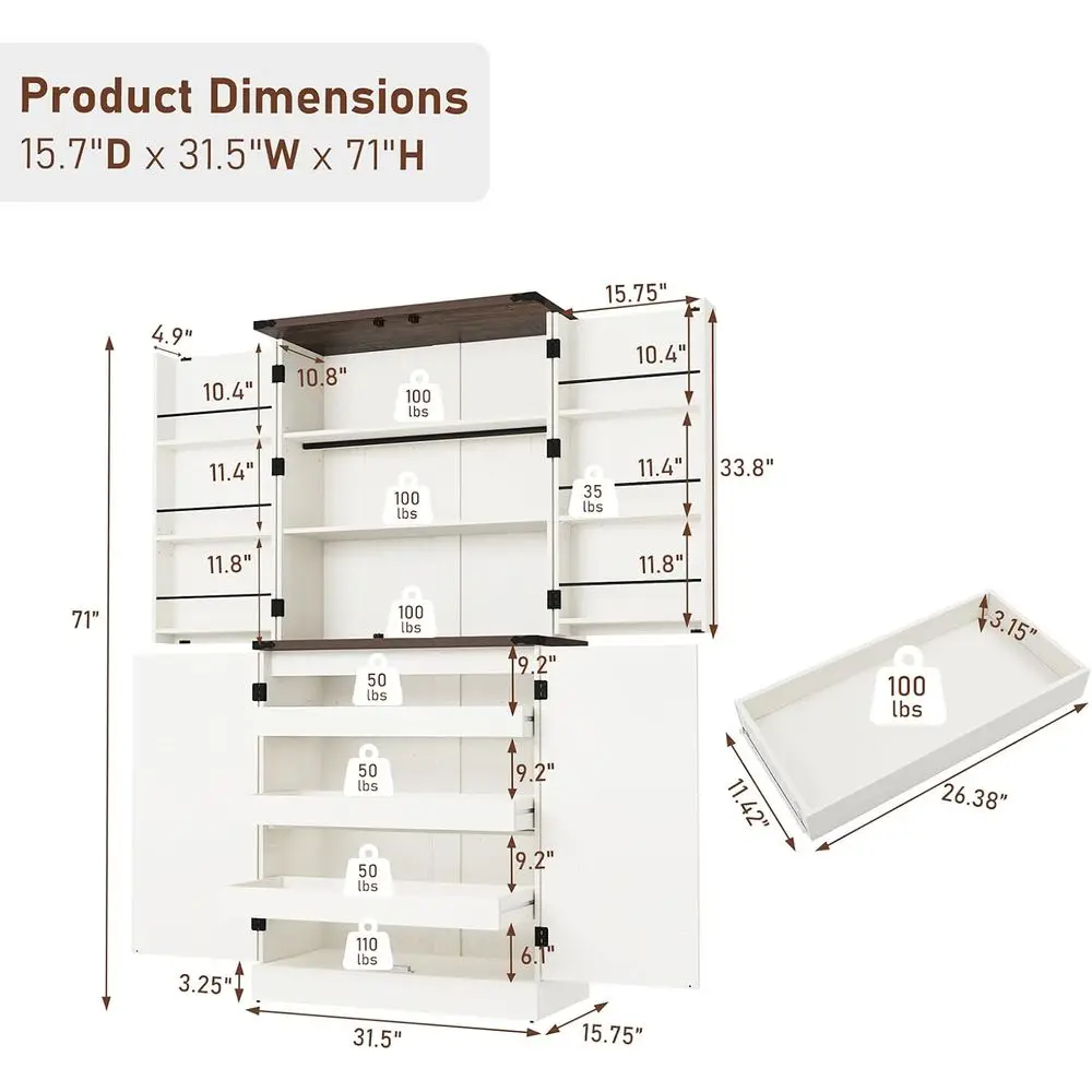 armhouse Kitchen Pantry Cabinet with 3 Ders,71