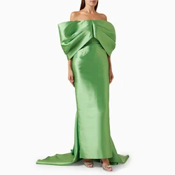 Bud Green Wedding Guest Dresses for Women Off the Shoulder Column Evening Gowns Maxi Satin Sheath Sweep Train Simple Prom Gown