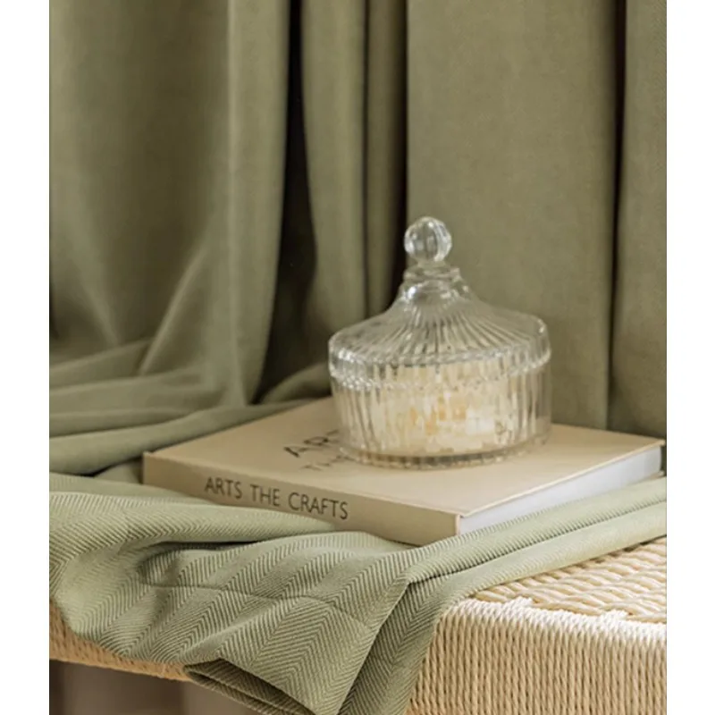 Modern and Simple New Green Herringbone Chenille Thickened Blackout Curtains Living Room Bedroom Balcony Curtains