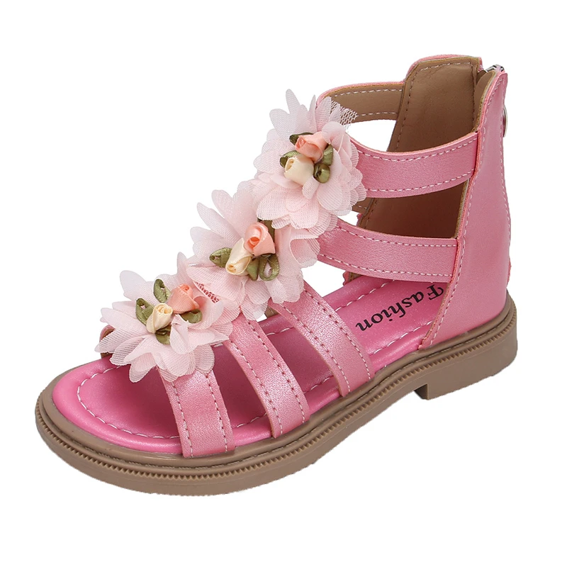 

Girls Floral Gladiator Sandals Boho Style Fashion Princess Sweet with 3 Flowers Back Zipper Kids Summer Beach Shoes 2025 New Hot