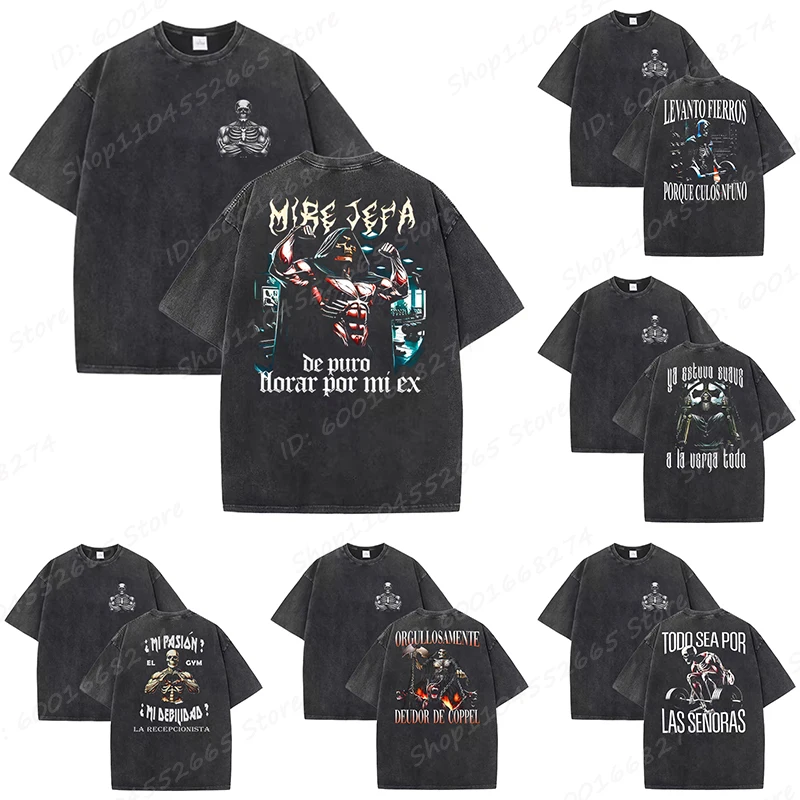 Skeleton Calacas Chidas Gym Print T-shirts for Men Summer Short Sleeve Casual Washed Tees Male Streetwear Oversized T Shirt