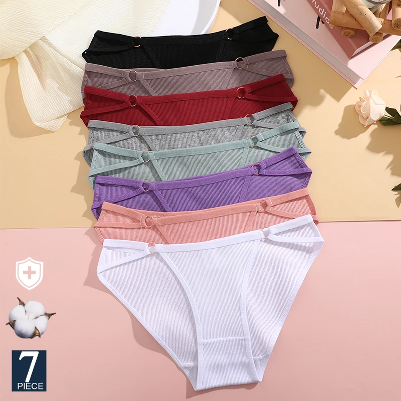 FINETOO 7PCS/SET Women Cotton Panties Women Sexy Low Rise Briefs Female Breathbale Underwear Button Design Pattern Soft Lingerie