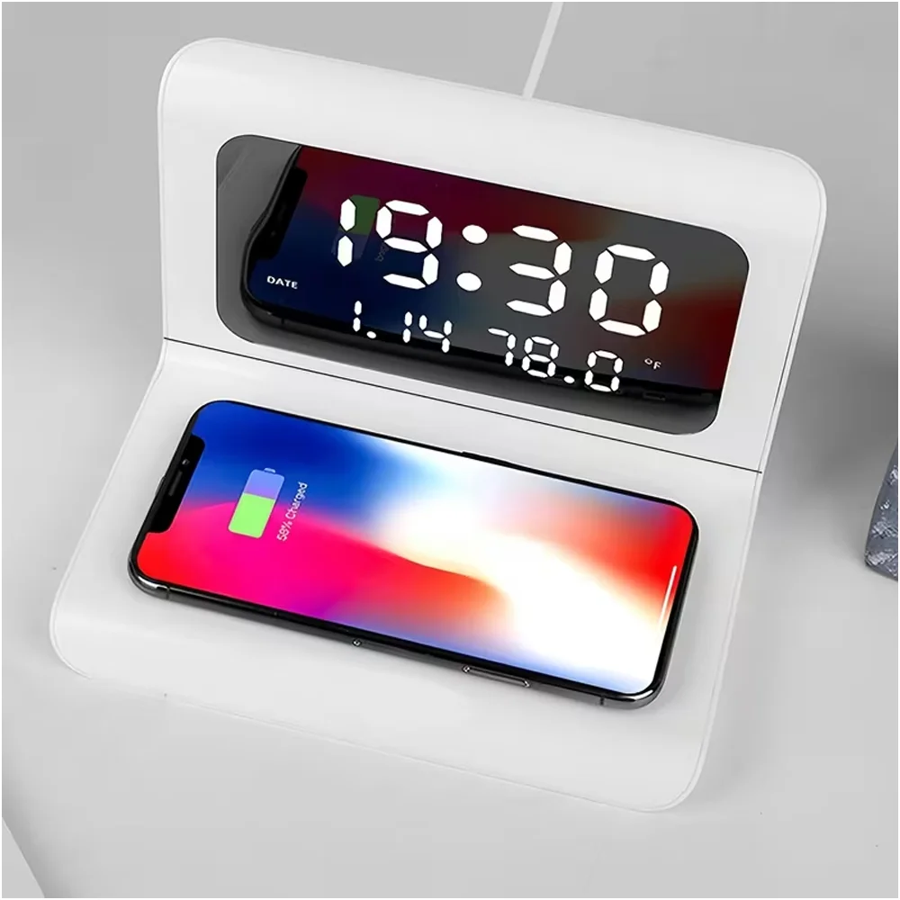 Wireless Charger Pad Stand with Alarm Clock And Thermometer Fast Charging Station for iPhone 17/16/15/14/13/12/11