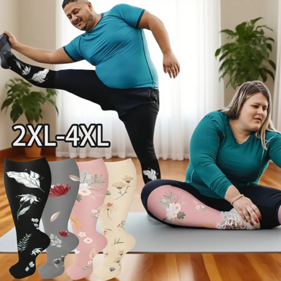 

4 pairs plus size compression socks for women and men for running, cycling, travel, and pregnancy support.