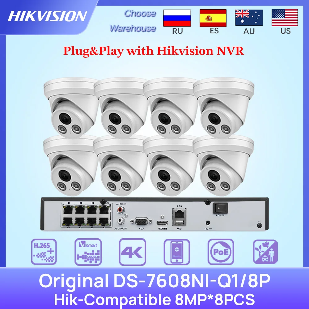 Hikvision Compatible 8MP IR Fixed IP Camera 8CH 8POE 4K NVR DS-7608NI-Q1/8P Security Surveillance 4PCS kits Support Hik-connect