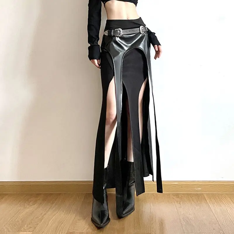 

Topanoma Irregular Skirts Belt Patchwork Split Slim Moto Biker High Waist Fashion Sexy Mermaid Skirt Female Fashion Clubwear
