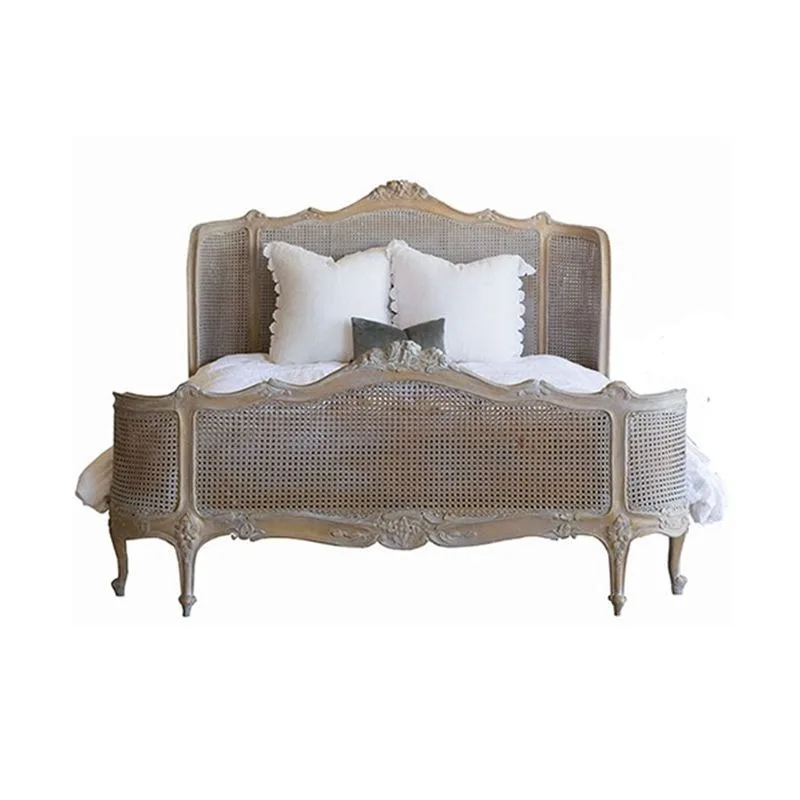 French Bedroom Classic Wood Antique King-size Carved Rattan Bed Custom Furniture