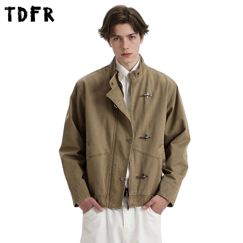 

Button Decoration Cargo Jacket Mens Spliced Retro Washed Distressed Autumn Winter Stand Collar Long Sleeve Loose Outerwear Man