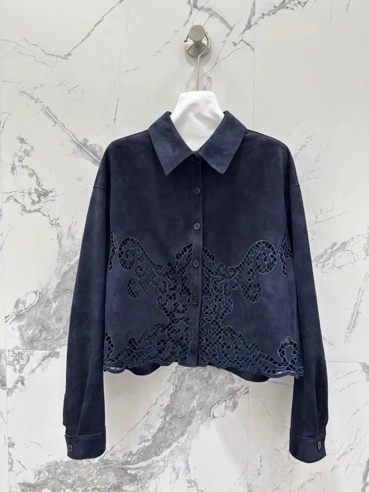 Autunno di alta qualità in vera pelle scamosciata ricamata scava fuori giacca femminile colletto couverture cappotto corto sottile in pelle di pecora naturale