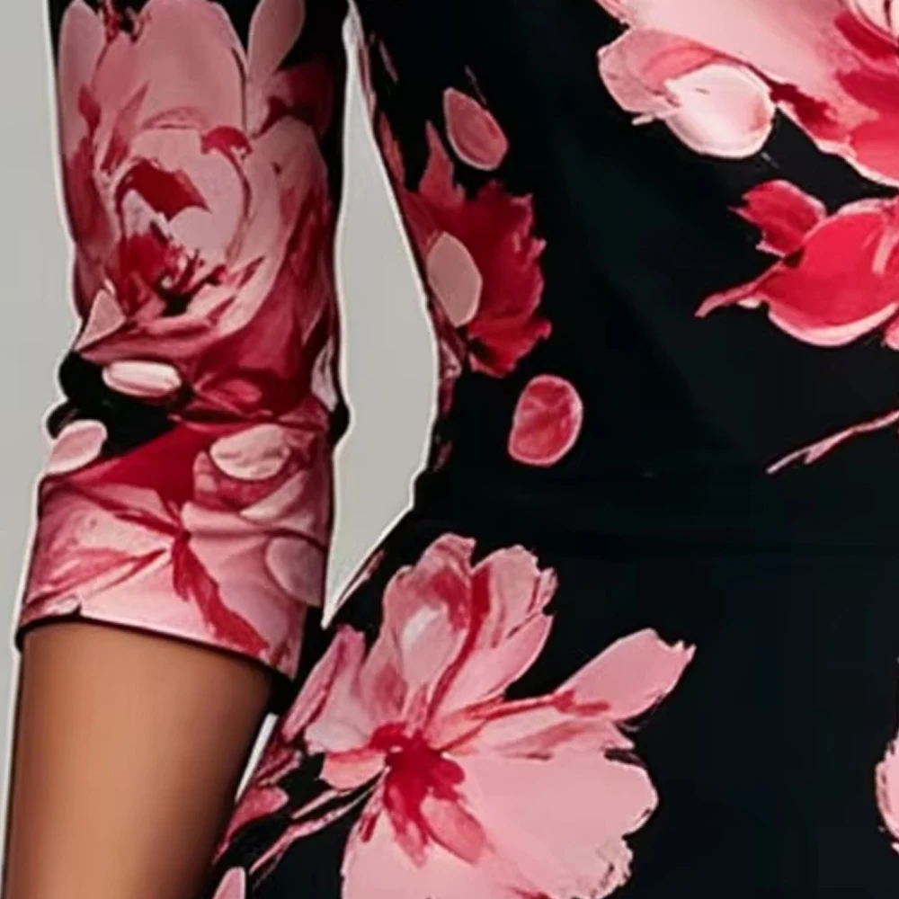 

Women's Black Base Pink Peony Floral Print Midi Dress Round Neck 3/4 Sleeve Slim Bodycon Dress For Party Office Casual Vacation