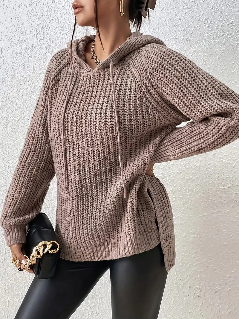 Women's Sweater Raglan Sleeve Split Hem Drawstring Hooded Sweater Sweater for Women