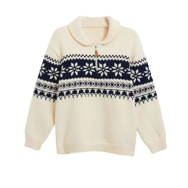 Donna Autunno Inverno Risvolto Casual Top lavorato a maglia Stile britannico Retro Manica lunga Jacquard Pullover Maglione dolcevita allentato con mezza zip