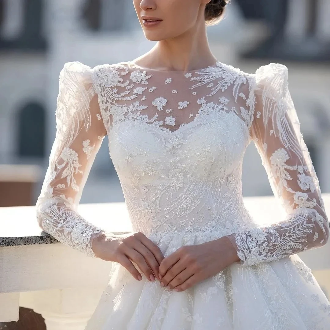 Abiti da sposa da donna di lusso una linea Illusion manica lunga con Appliques abiti da ballo abiti da ballo per feste da sposa formali Vestido