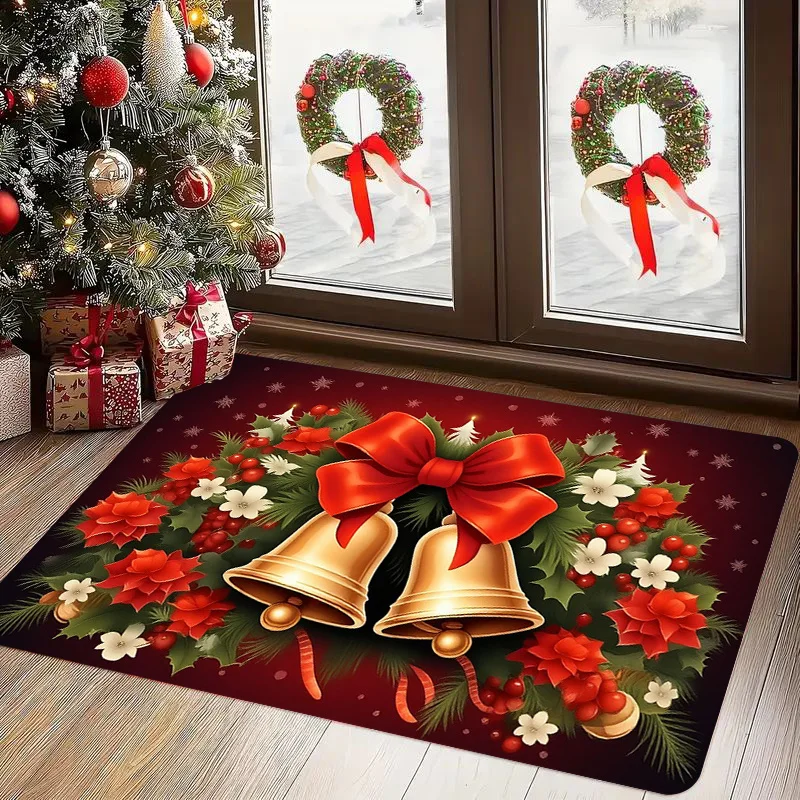 JOY Santa Claus Candy Cane Snowflake Repeat Print Non Slip Front Porch Doormat Deep Blue Winter Xmas Entryway Decor