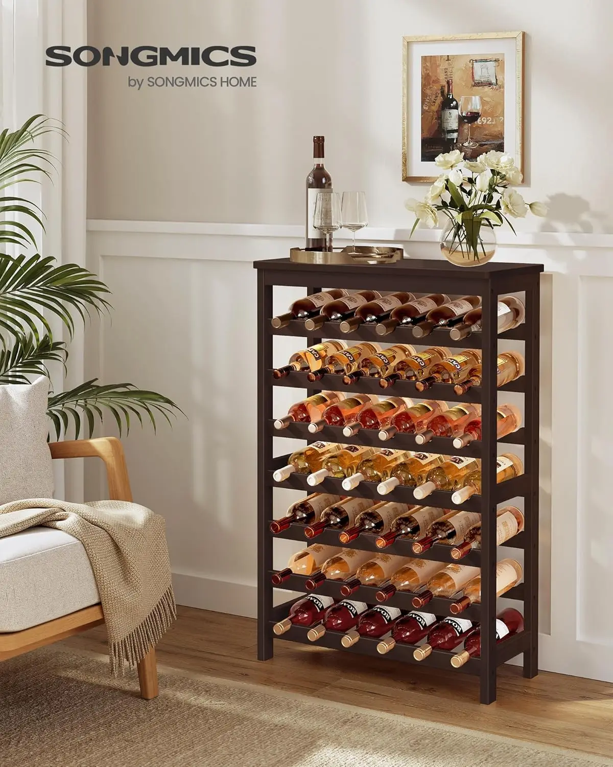 42-Bottle Wine Rack Free Standing Floor, 7-Tier Display Wine Storage Shelves with Table Top, Bamboo Wobble-Free Bottle Holder