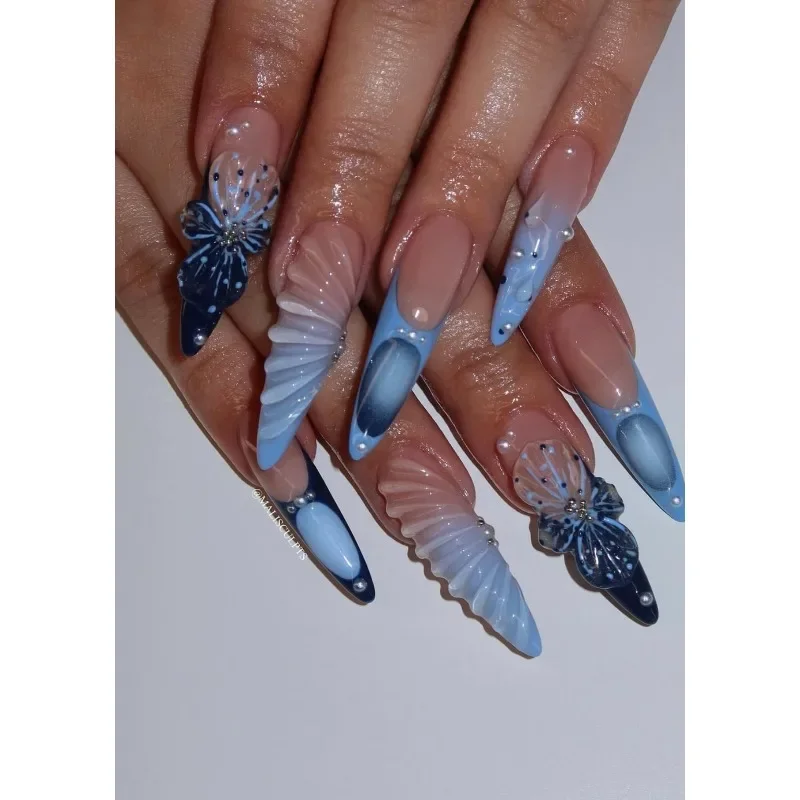 Blue gradual change long tip European manicure carving ice flower European and American nail