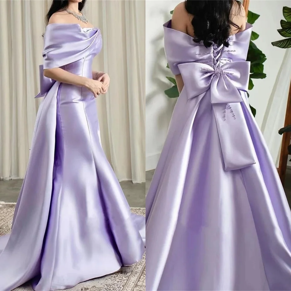 

Customized Exquisite Purple Satin Evening Dress High Quality Strapless Off the Shoulder Short Sleeves Lace Up Back Prom Dress