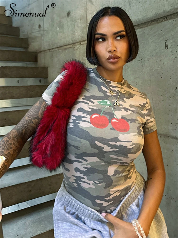 

Simenual 90s Vintage Short Sleeve Round Neck T-shirt Women Fashion Camouflage Print Slim Tops Casual Y2K T-shirts Streetwear