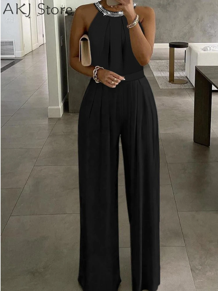 

Women Shiny O-neck Rhinestone Sleeveless Wide Leg Jumpsuit