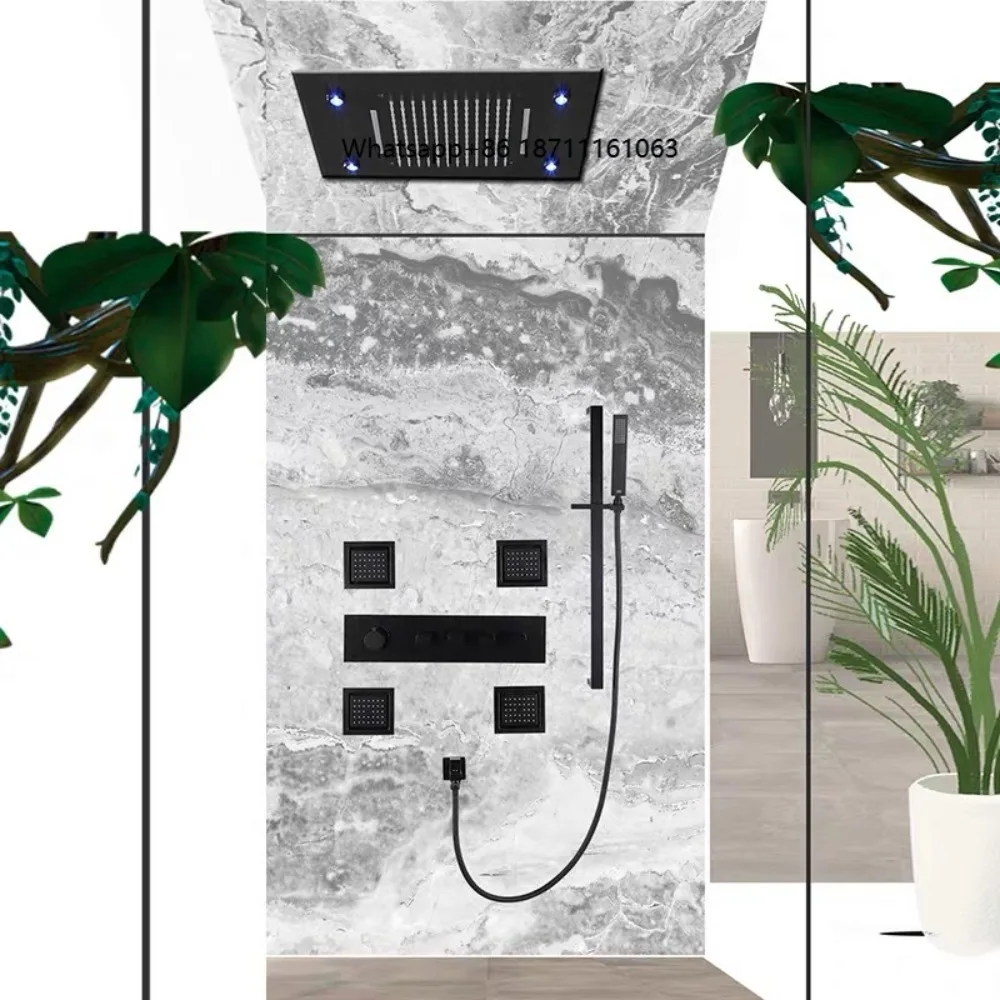 Luxury Large SUS304  TBig Rainfall  Ceiling Thermostatic Wall Mounted Matte Black Color Rainfall Waterfall Bathroom Shower Set