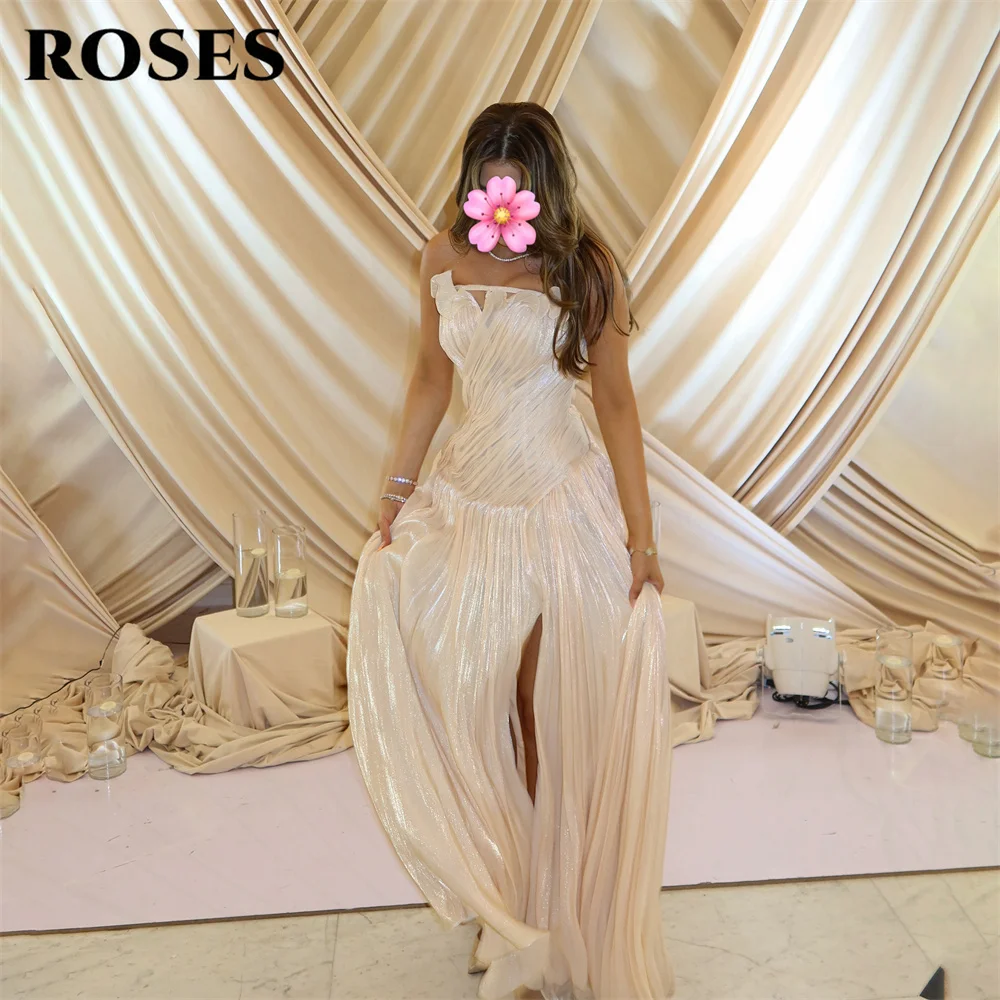 ROSES Beige Prom Dress Strapless Sleeveless Celebrity Dresses with Side Split A Line Women's Evening Dress for Gala Customized 2