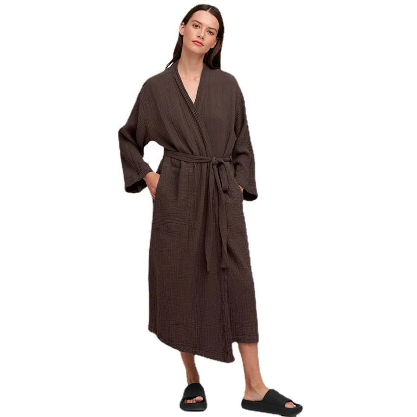 Cotton Bathrobe Female Loose Long Sleeve V Neck Sleepwear Solid Casual Robes For Women Home Dresses Autumn Clothes Sashes