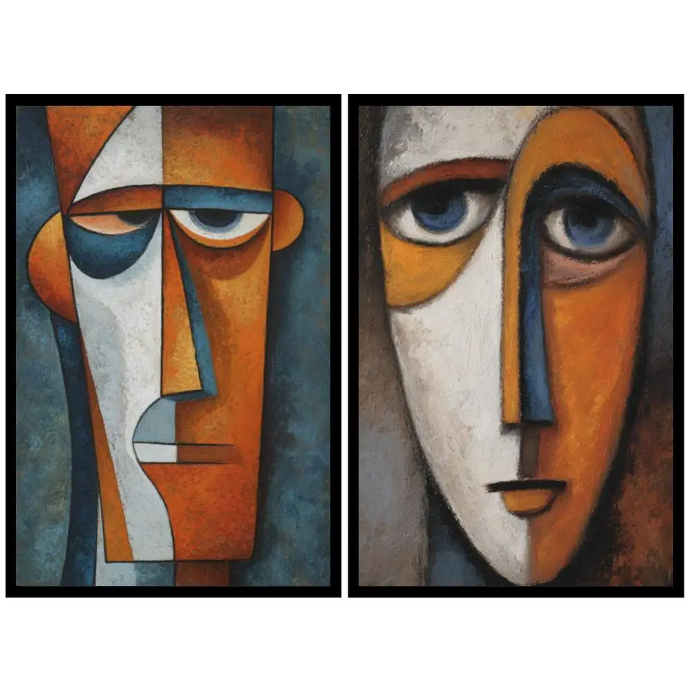 Oversized Cubist Abstract Face Canvas Print Modern Geometric Portrait Wall Art Orange Blue for Minimalist Apartment & Workspace