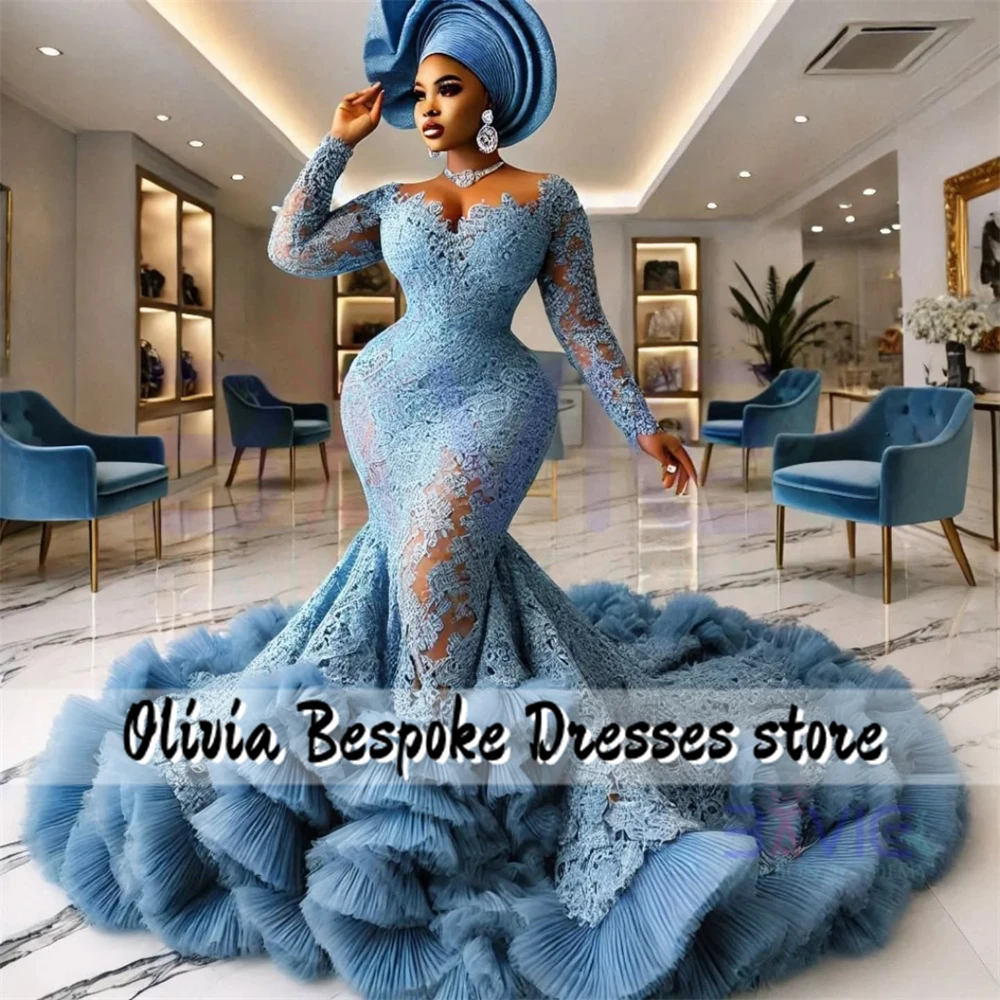 Flamboyant Blue Lace Long Sleeve Aso Ebi Evening Dresses Luxury 2025 Ruffels Mermaid African Wedding Formal Gown Customized