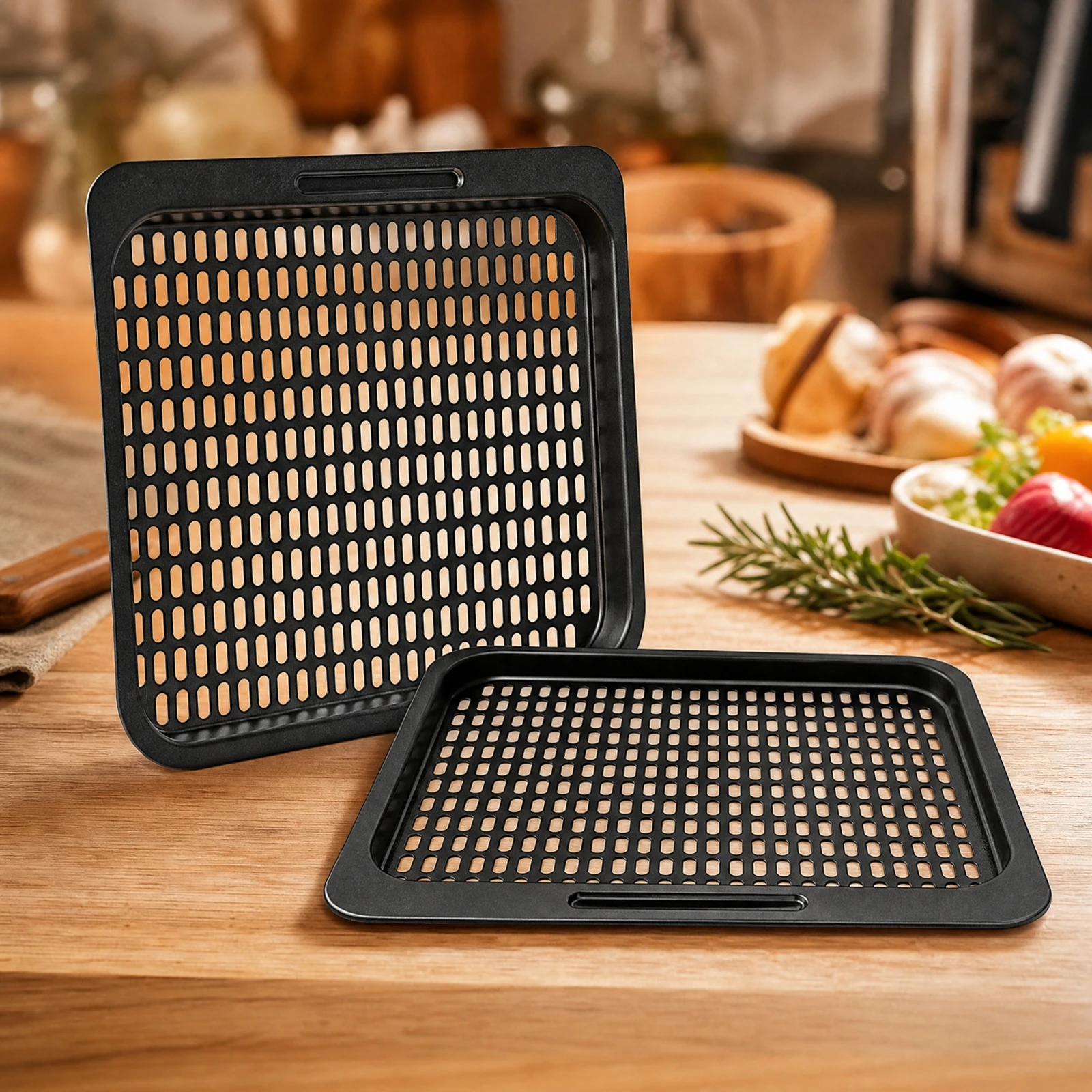 Rectangular Air Fryer Perforated Tray with Integrated Front Grip for Roasting Chicken Wings and Vegetables