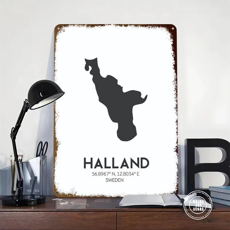 Halland Sweden Map Printing Poster Customized Retro Wall Art Vintage Metal Signs for Room Office Decor Bedroom Decoration Gaming