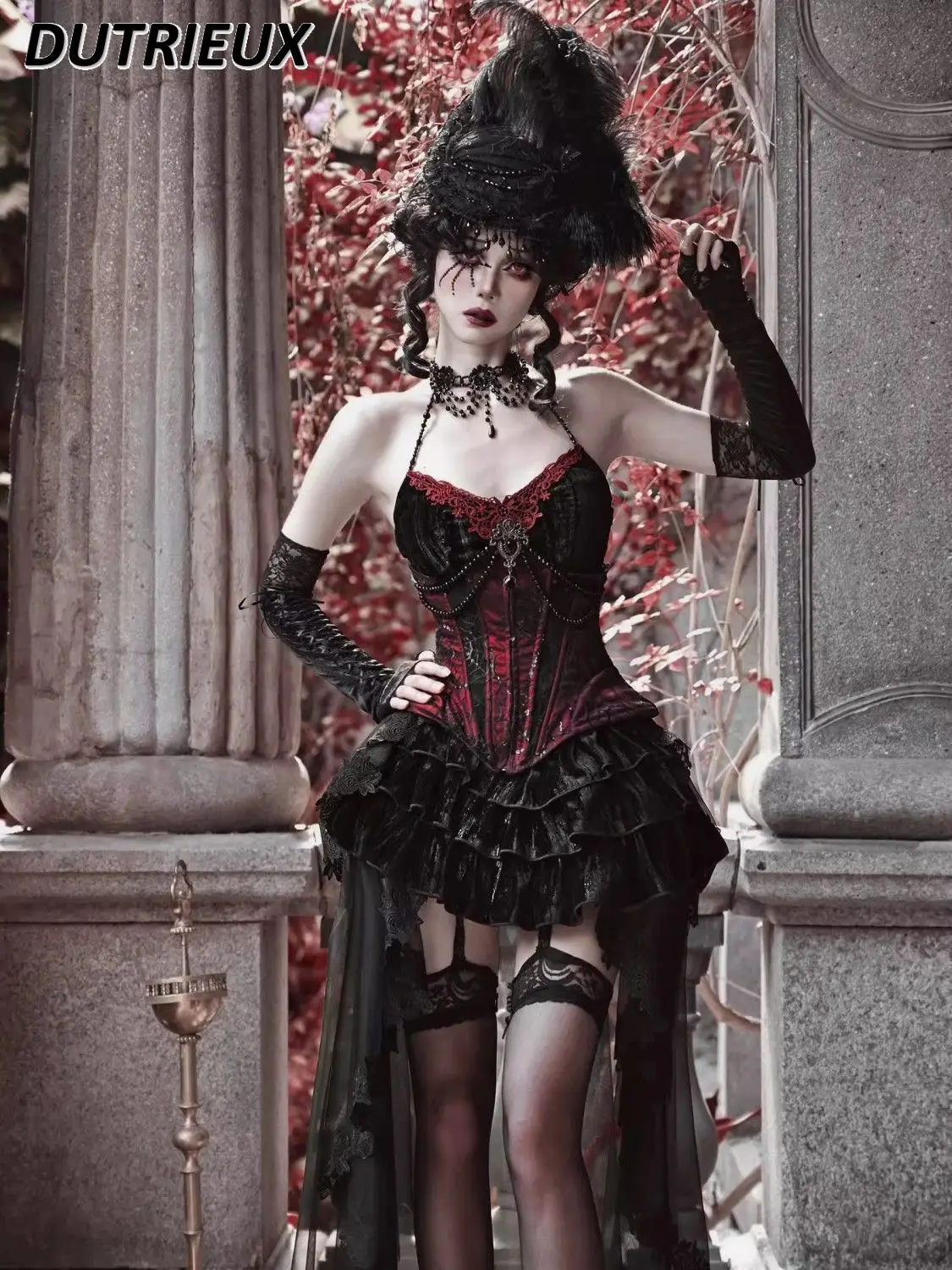 

Japanese Gothic Style Sweet Halloween Velvet Waist Slimming Sleeveless Tank Top and Trailing Short Suspender Skirt Two Piece Set