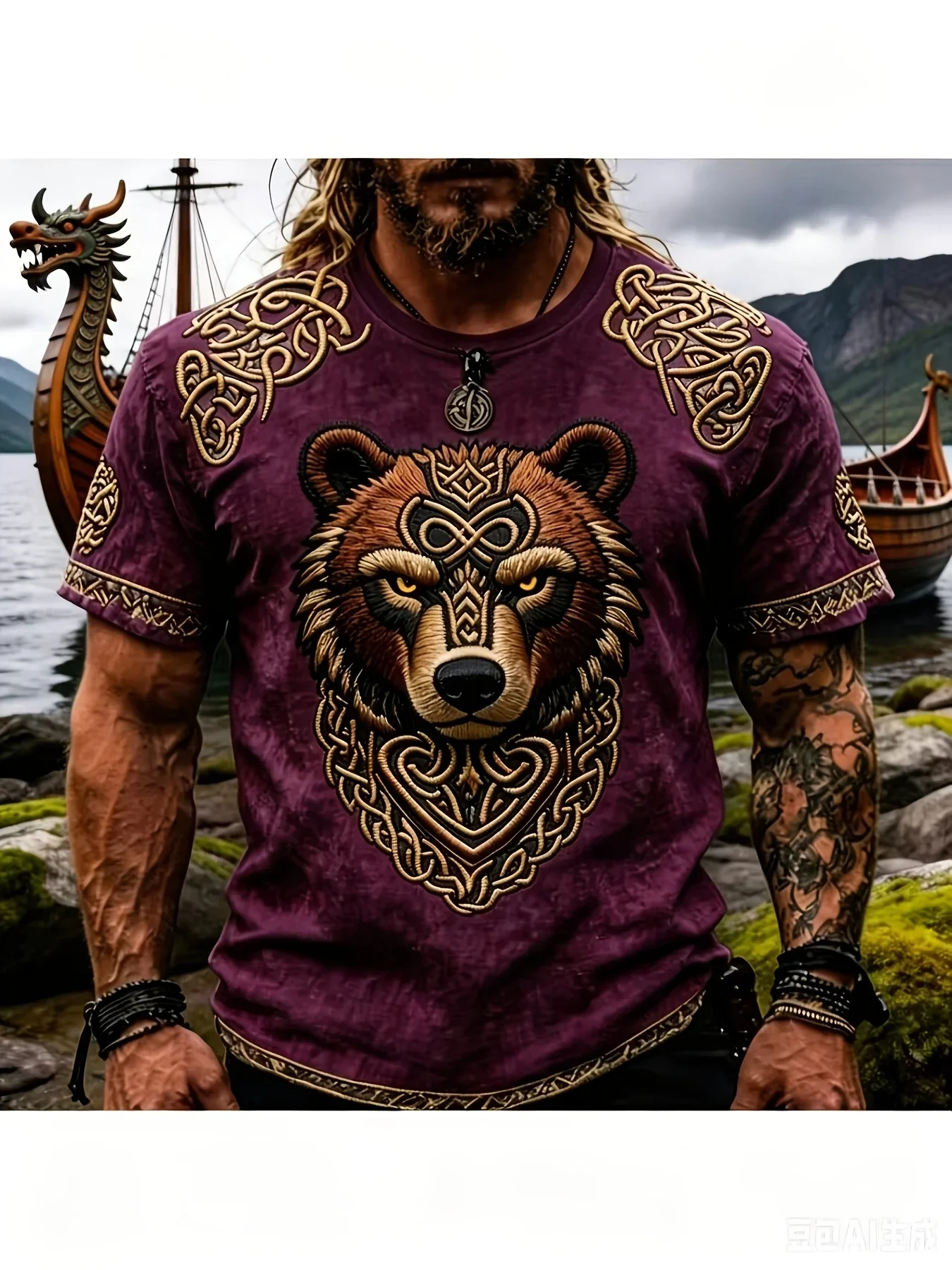 2026 Sommer Retro Street Distressed Herren-T-Shirt mit Wikinger-Bär, Keltischem Knoten, 3D-Druck, lockerer Rundhals-Kurzarm – Detail 3
