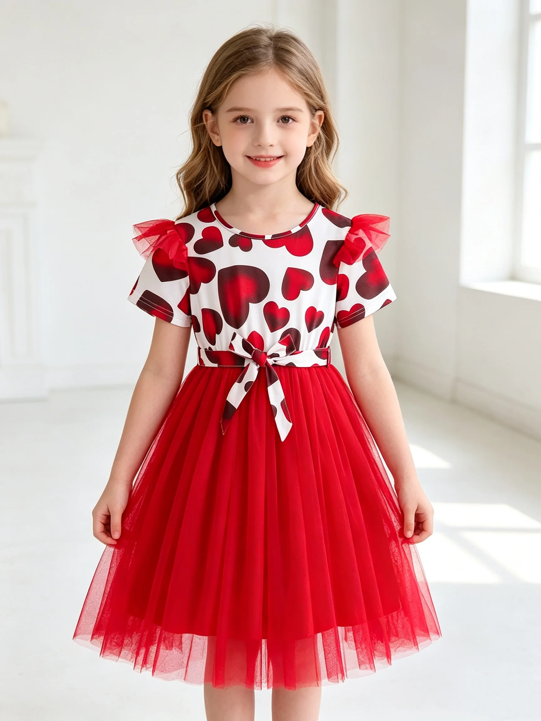 Spring And Summer Girls' Red Heart Full Printed Short Sleeved Fluffy Gauze Skirt A-Line Large Swing Mesh Skirt Dress