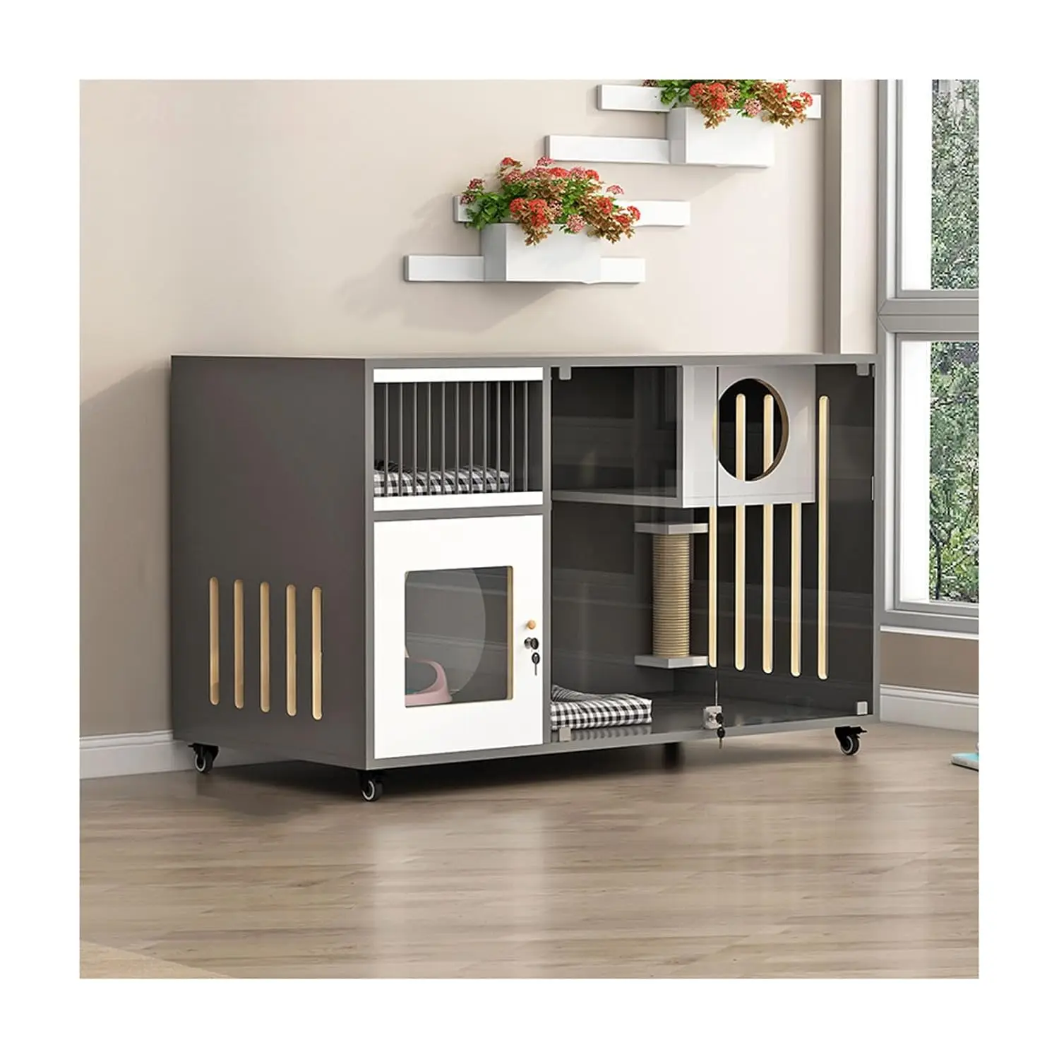 

Деревянный домик-вилла для кошек на колесиках с дверцей, для использования в помещении и на улице, большой, для котят, на заказ