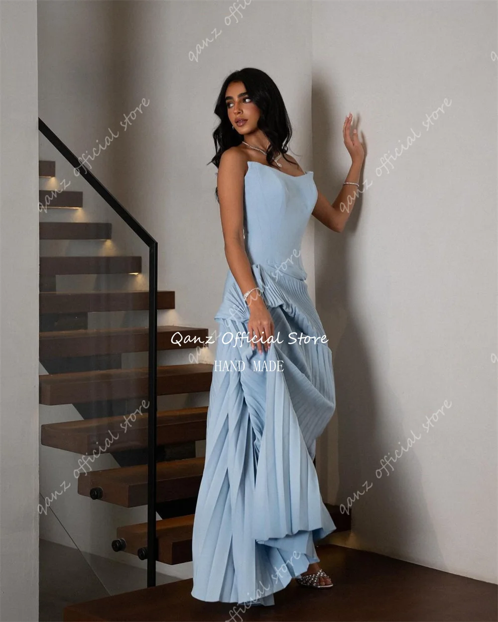 Qanz Blue Arab Evening Dresses Strapless Vestidos De Fiestas Elegantes Mujer Saudi Arabia Party Ggown for Women Customized