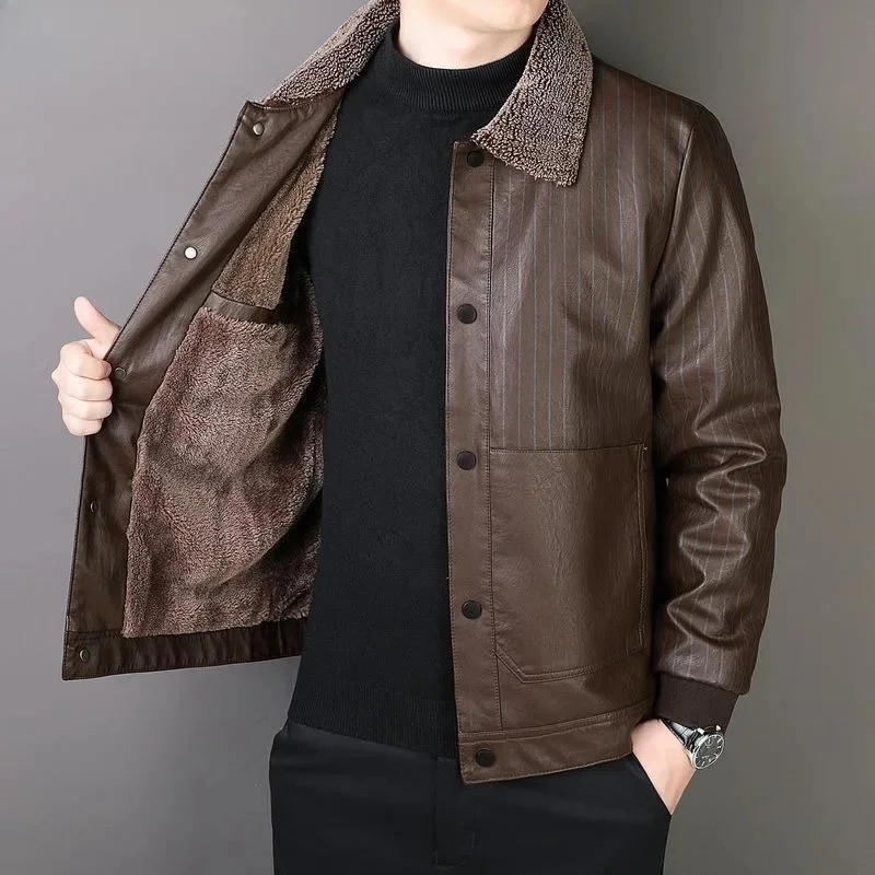 Business Casual Male Coat Winter Men Fleece-Lined Thicken Fashion Lapel Leather Jacket Loose Large Size Short Outwear