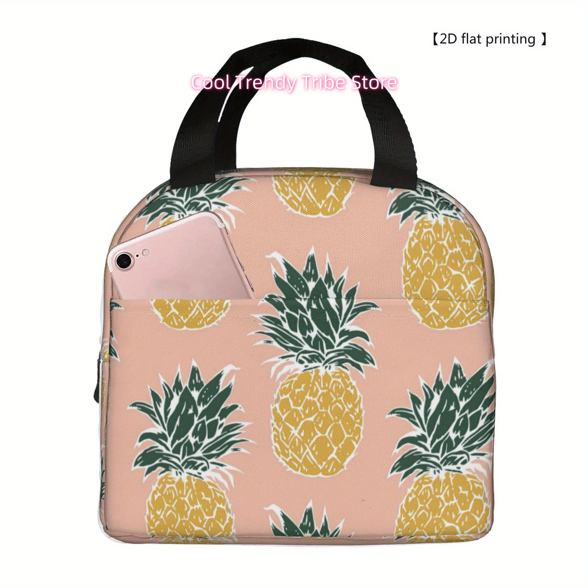 1pc Non-food contact Pineapple Print Insulated Cooler Bag - Reusable Portable Thermal Lunch Tote with Top Handles, Durable Polye