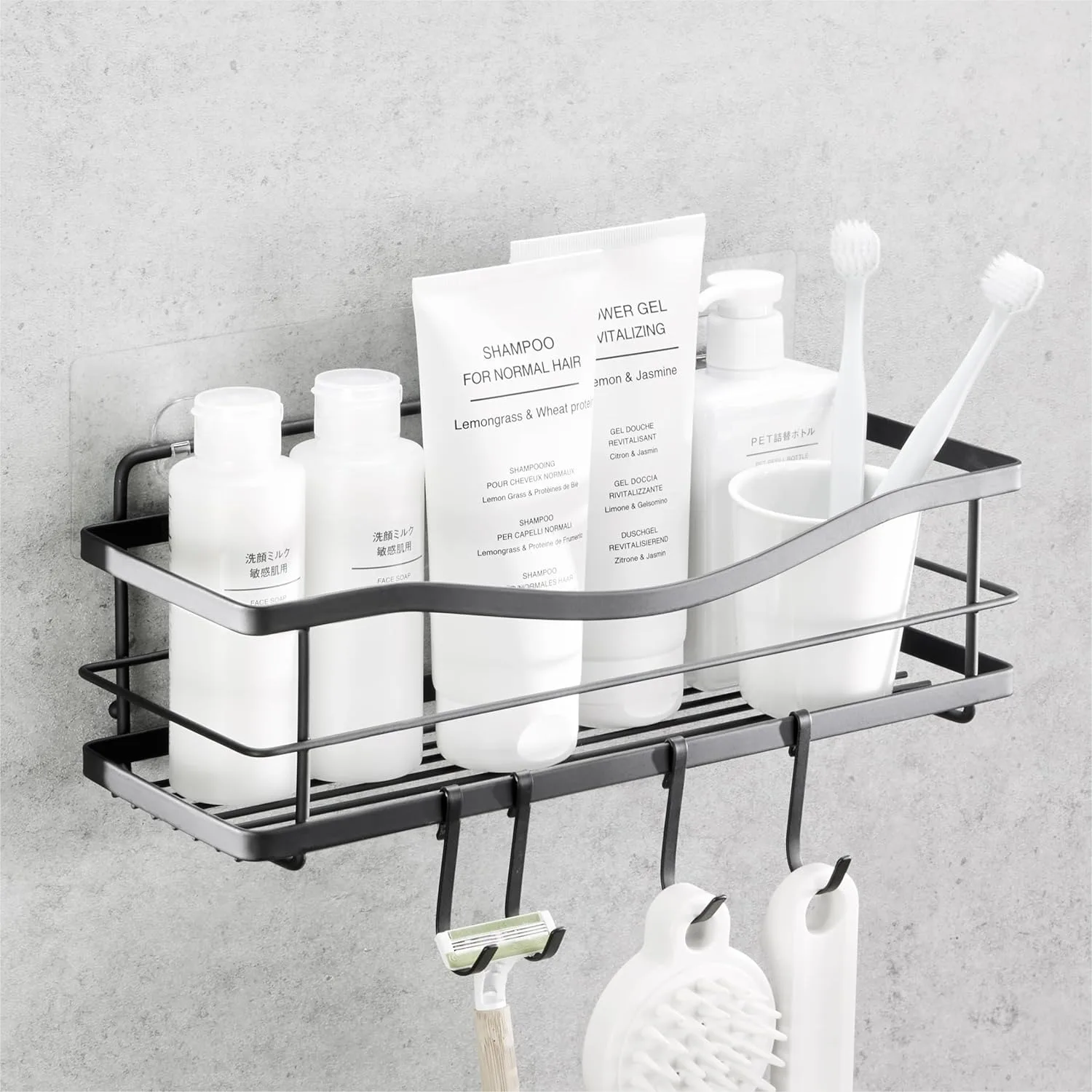 

Self Adhesive Shower Caddy, No Drill Stainless Steel Shelf with 4 Hooks, Large Capacity Rustproof Bathroom Organizer - Matte