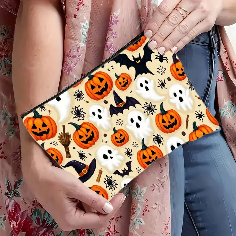 1pc Halloween Theme Pumpkin Ghost Print Makeup Bag perfect for storing cosmetics, stationery, cables, snacks, toiletries