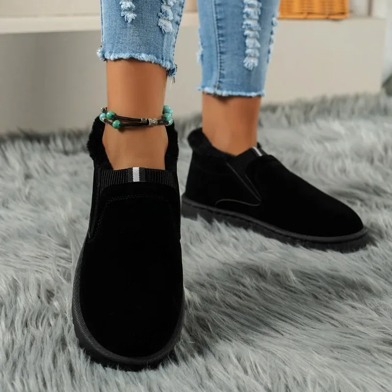 Shoes for Women 2024 New Winter Slip on Women's Boots Round Toe Solid Flock Plus Velvet Warm Comfortable Low Heels Snow Boots