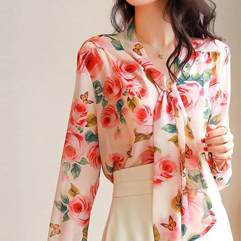 Elegant Bow Patchwork Shirt Tops Spring New Long Sleeve Loose Printing Chiffon Thin Blouse Temperament Fashion Women Clothing