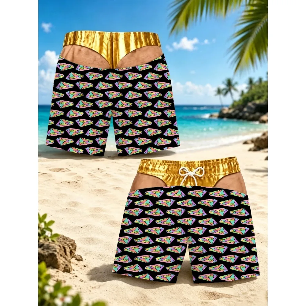Men's Rainbow Diamond Pattern Printed Board Shorts Gold Shiny Waist Quick Dry Novelty Swimming Trunks Beach Pool Party