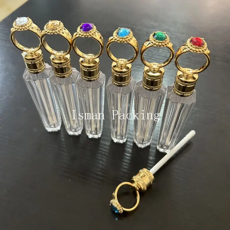 50Pcs Empty unique clear gold ring shape lipstick lip gloss container diamond top lipgloss cosmetic tubes with wands 2.5ml