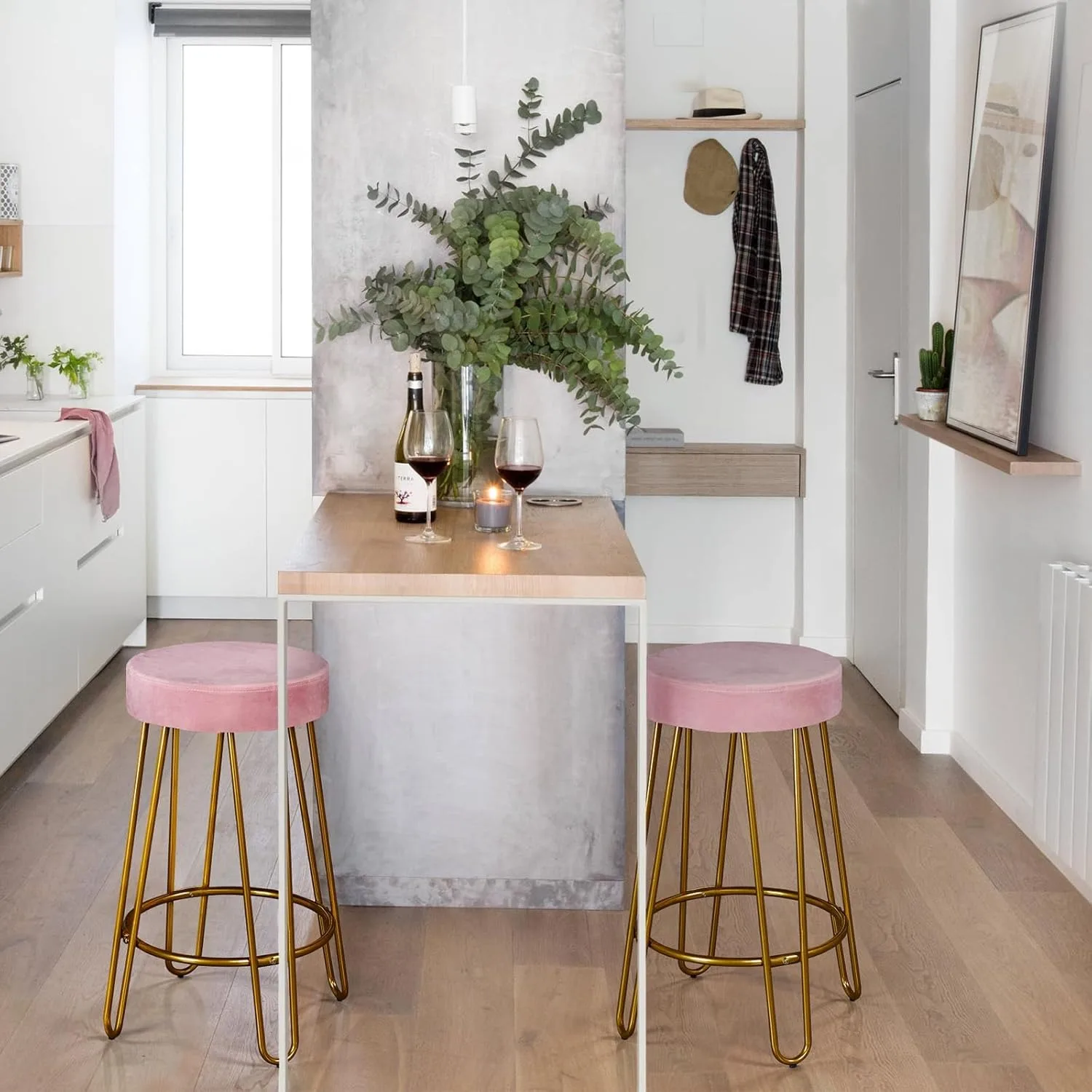 バースツール 2 個セット、ベルベットラウンドカウンタースツール、背もたれのないカウンターハイトバーチェア、ゴールデンレッグ付き